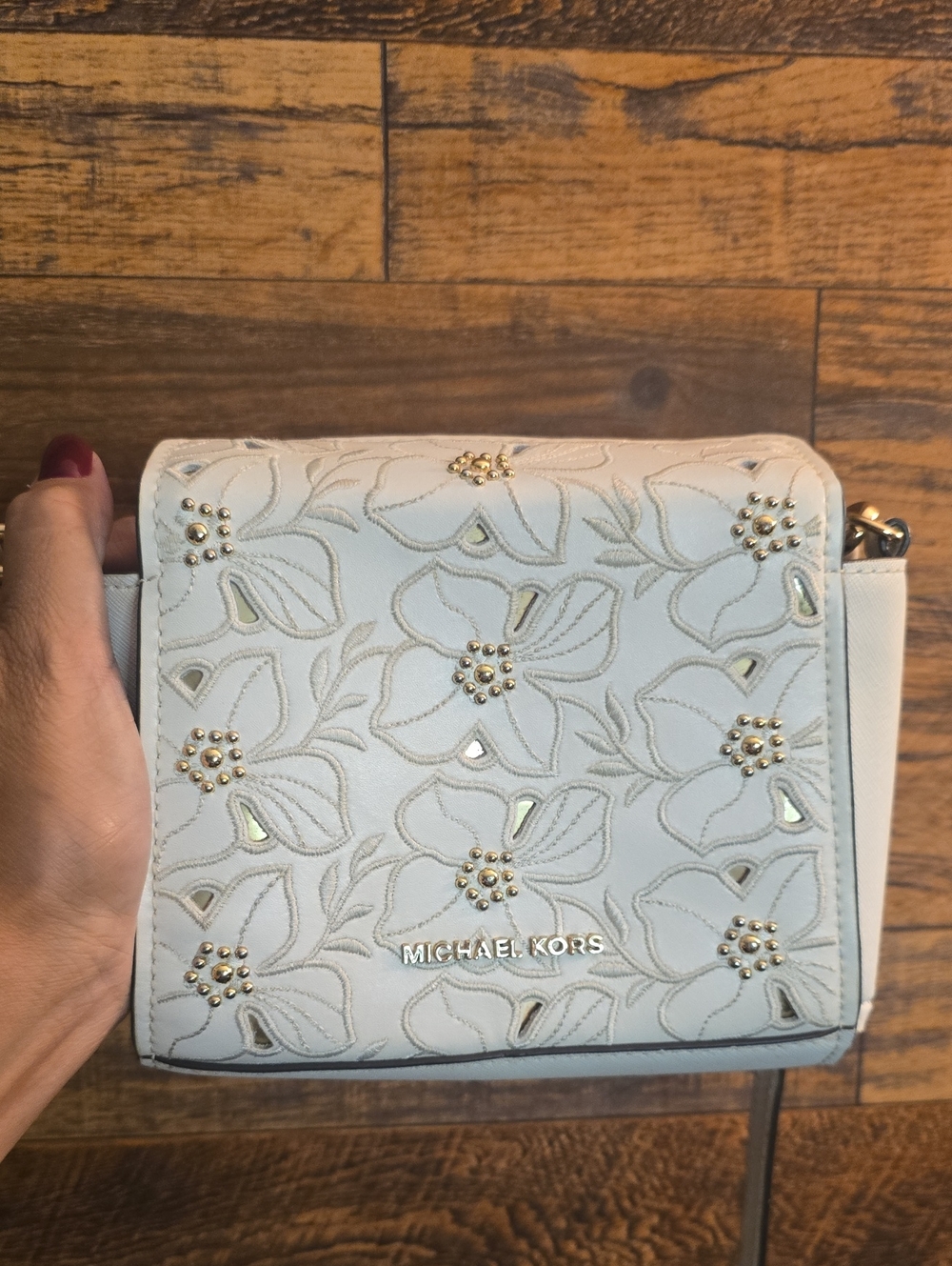 Michael Kors White Floral Appliqué Crossbody with Gold Studs
